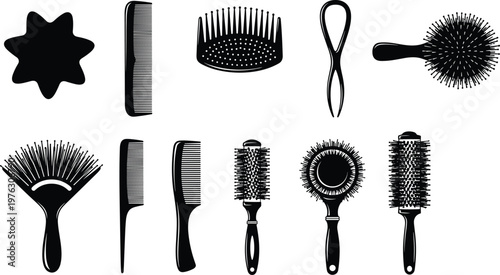Hair styling tools silhouettes cad drawing flat vector illustration comb brush accessories barber salon equipment beauty design collection set