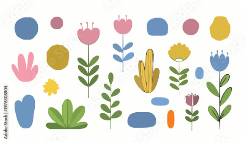 Doodle abstract flowers vector set colorful naive botanic organic kids garden