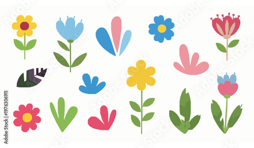 Colorful doodle flowers vector set naive botanic organic kids garden illustration