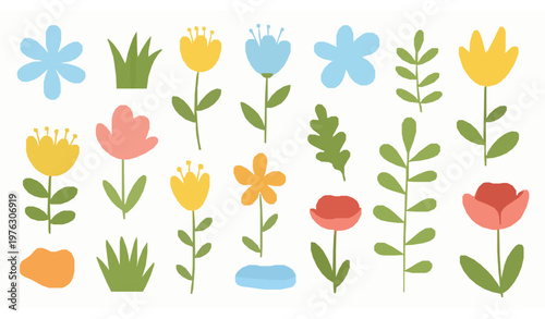 Abstract doodle flowers vector set colorful naive botanic organic kids garden art