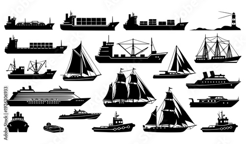 Water transport vector set black silhouette ships boats sea transportation icons