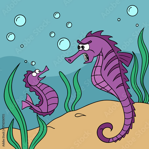 Angry parent seahorse and child seahorse underwater with marine life sea creature funny animal interaction seahorse underwater illustration expression childish argument conflict
