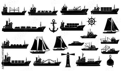 Ships and boats silhouette vector set black maritime water transport icons