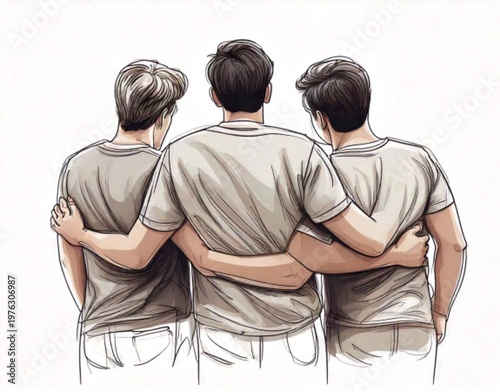 Three young men friends arms around shoulders looking away together.