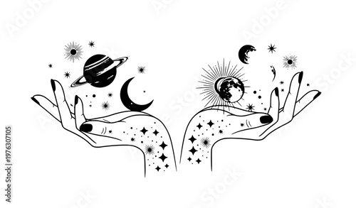 Magic woman hands vector set celestial astrology tattoo minimalist mystical palms