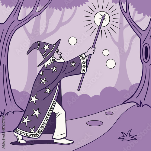 Wizard casting a spell in a magical forest at dusk with fairy tale wizard hat mystical enchantment illustration character storytelling enchanted sorcerer witchcraft creature mythical