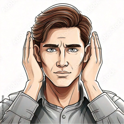 Man covering ears to block out noise or sound.