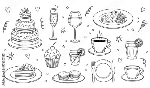 Hand drawn doodle wedding food vector set party drinks celebration ink illustration
