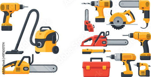 Power Tools and Workshop Equipment Collection with Drills, Chainsaws, Vacuum Cleaner, and Toolbox for Construction, Repair, and DIY Design Projects