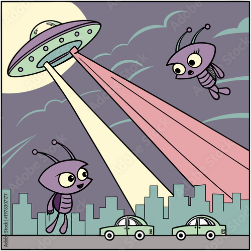Cute aliens abducting cows with ufo tractor beam flying saucer sci fi little green men alien life abduction extraterrestrial illustration invasion creatures unidentified encounter children