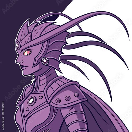 Profile portrait of a fierce purple alien warrior woman with sci fi red eyes science fiction alien queen portrait creature illustration character futuristic guardian powerful stylized