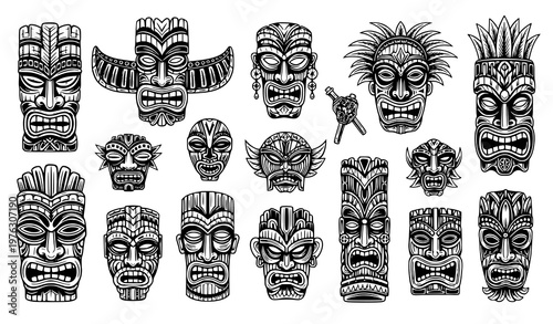 Tribal mask vector set Tiki totem Polynesian voodoo hawaiian ceremonial tattoo
