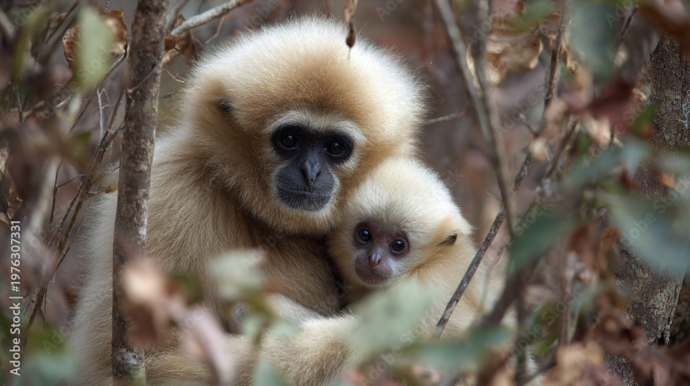 Fototapeta premium Gibbon Mother and Baby in Forest