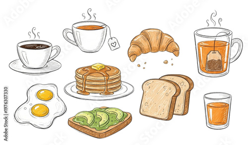 Breakfast brunch doodle vector set hand drawn coffee tea pancakes croissant eggs toast menu