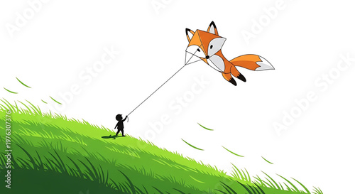 A cartoon boy flies a fox kite on a green hill with a white background