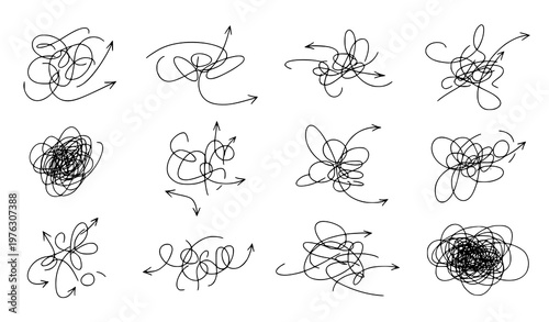 Messy chaotic scribble arrow lines vector set tangled knot curved path illustration