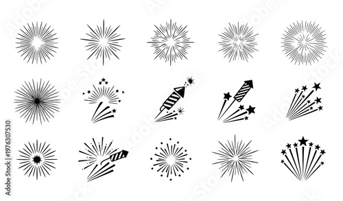 Radial firework vector icons set black festive salute celebration isolated