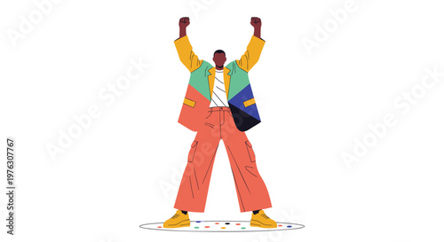 Colorful, joyful man celebrating, raising arms in triumph, vector illustration, vibrant business casual outfit