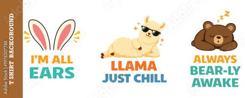 Relaxed animal themed t-shirt graphics with bunny ears chill llama and sleeping bear icon.