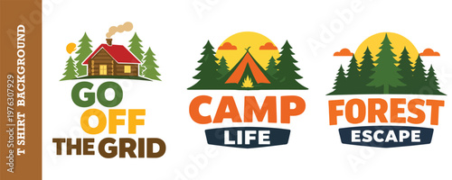 Set of three vintage camping badges featuring log cabin tent and forest landscape graphics.