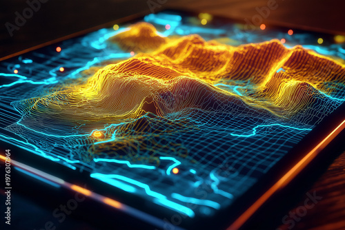 A sleek tablet projecting a 3D terrain map with elevation data, glowing contour lines and location markers, advanced geospatial analysis interface, high-tech environment