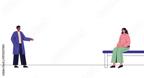 Social distancing, people maintaining distance, man and woman apart, minimal illustration, blue and pink outfit