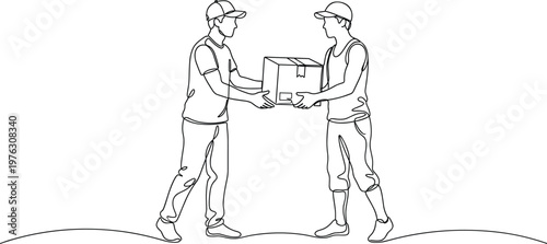 Delivery workers exchanging package representing logistics shipping courier service teamwork and parcel distribution process line art illustration