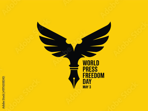 World Press Freedom Day Typography Logo with Pen Nib and Wings for Journalist Rights Media Advocacy News Organizations and Freedom of Speech Campaigns May 3