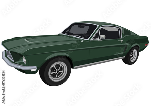 Classic Dark Green Muscle Car Fastback Illustration