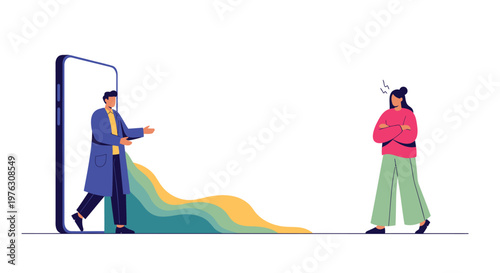Businessman stepping through doorway, colorful abstract wave, modern vector illustration, office concept