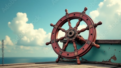 Wallpaper Mural A ship wheel sits atop a worn wooden dock, perfect for adding nautical charm to your design Torontodigital.ca