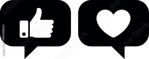 Comparison of social media like and love reaction icons in speech bubbles