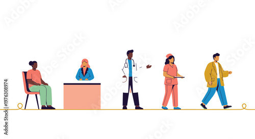 Waiting room, patients and medical staff, doctor's office, healthcare vector
