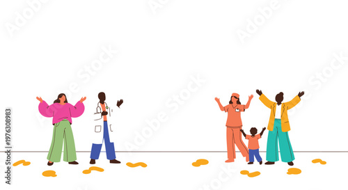 Diverse people celebrating, happy family raising hands, joyful crowd illustration, colorful vector graphics