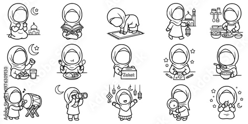 Muslim woman Ramadan activities line art character set