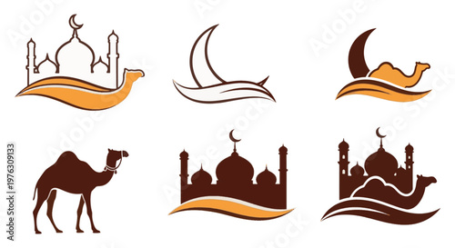 Islamic Religious Icon Set with Mosque Silhouette, Camel and Crescent Moon Illustration