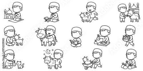 Eid al Adha Muslim character line art activity set