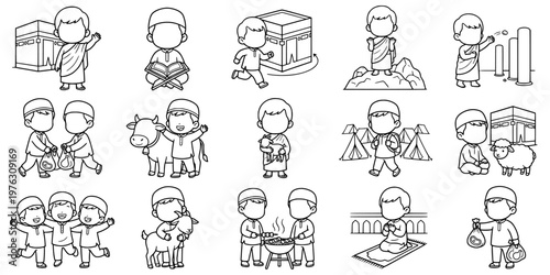 Cute Muslim character set showing Hajj pilgrimage activities including tawaf, prayer, sacrifice, and rituals. Simple outline icons perfect for education, children content, and Islamic designs.