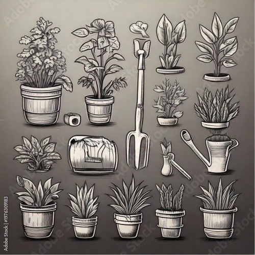 Collection of Potted Plants and Gardening Tools Illustration.
