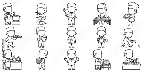 Kids chef cooking activities coloring page faceless illustration character icon set