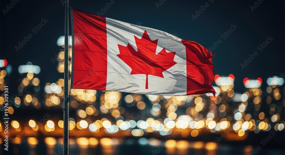 Obraz premium Canadian flag waving proudly against a city lights backdrop