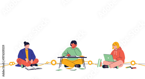 Remote workers, freelancers, business team, connected by chain link, colorful illustration