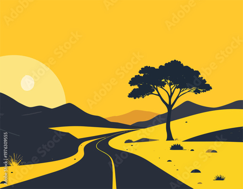 Minimalist countryside road landscape with lonely tree and sunset vector.