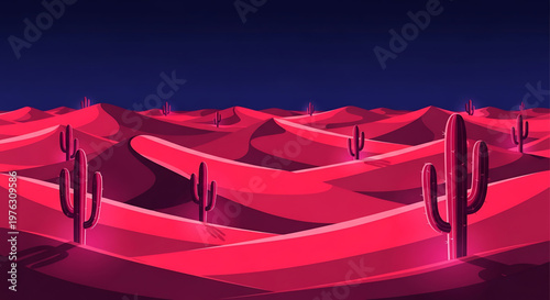 A vibrant desert landscape illustration with cacti and sand dunes at dusk