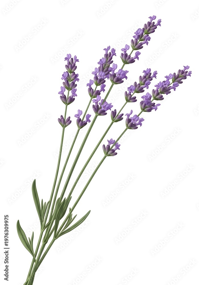 Naklejka premium A bouquet of lavender flowers with green stems isolated on white background