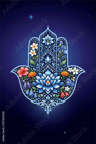 Blue Lotus Hamsa  Floral Guardian of Harmony. A detailed Hamsa hand with a central blue lotus surrounded by colorful flowers. 