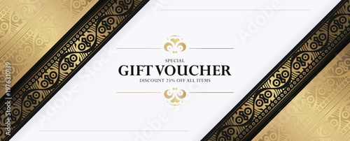 Luxury Gift Voucher Design with Gold and Black Ethnic Pattern Elegant Template