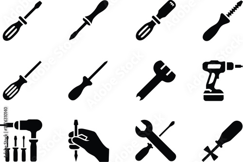 Hand tool and mechanical hardware repair icons in black silhouette design