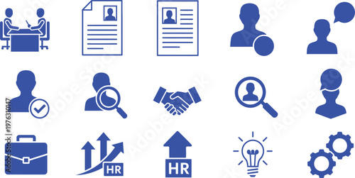 A versatile icon set illustrating core human resources, recruitment, and business processes for professional development in the workplace