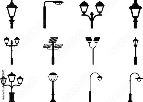 Street lighting and outdoor lamp post icon collection in black vector